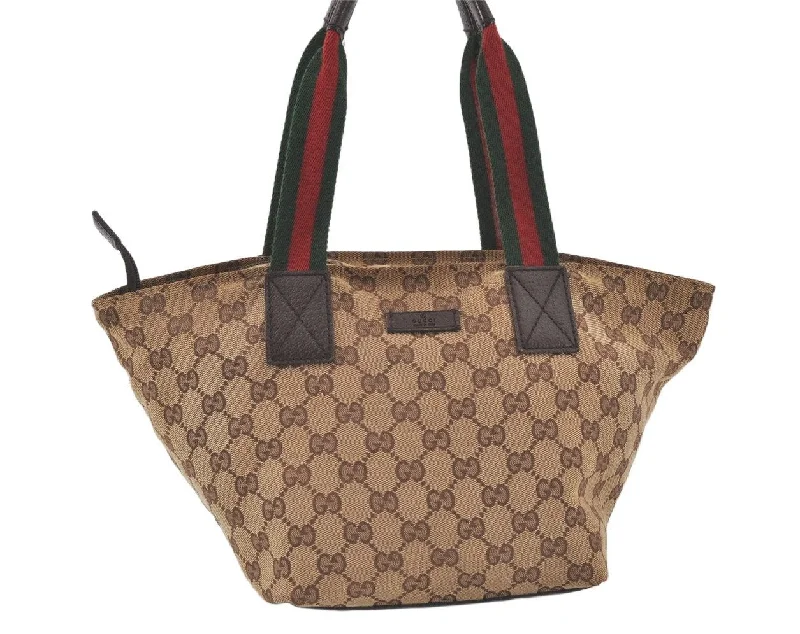 Authentic GUCCI Web Sherry Line Tote Hand Bag GG Canvas Leather Brown 7317K