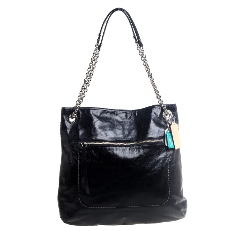 Black Crackled Leather Chain Tote