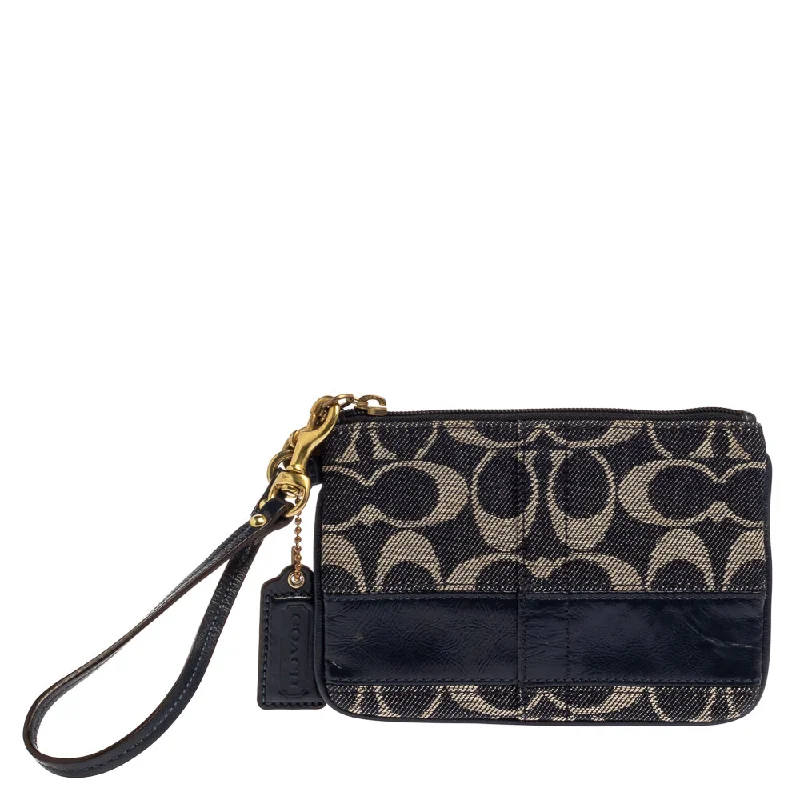 Blue Signature Canvas and Patent Leather Wristlet Clutch