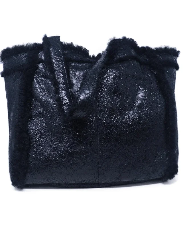 Dries Van Noten Black Leather Tote w/ Shearling Trim