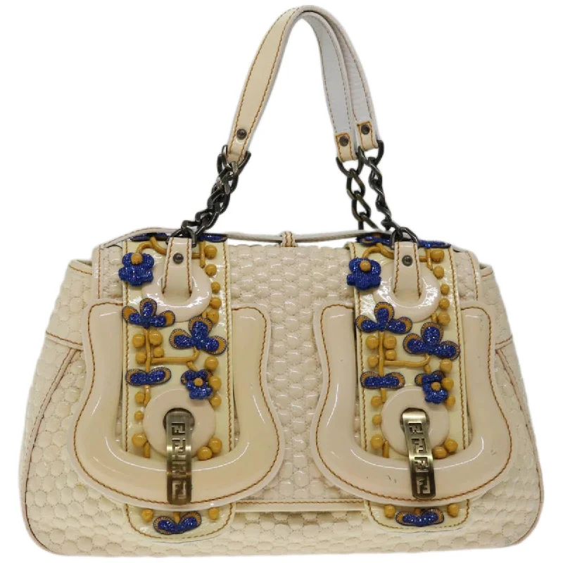 FENDI Chain Hand Bag Patent leather Beige  yk10972