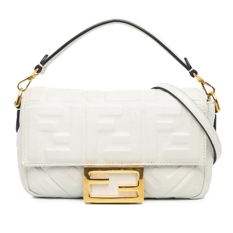 White Fendi Mini Zucca Embossed Leather Baguette Satchel