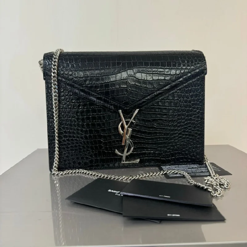 Saint Laurent YSL Black Croc-Embossed Leather Envelope Chain Bag Medium