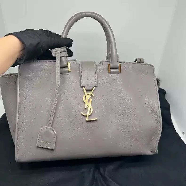 YSL Cabas Medium Elephant Gray Handbag Gold Logo Top Handle