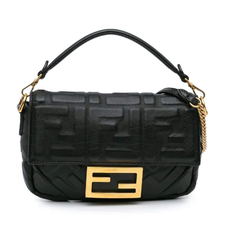 Black Fendi Mini Zucca Embossed Leather Baguette Satchel