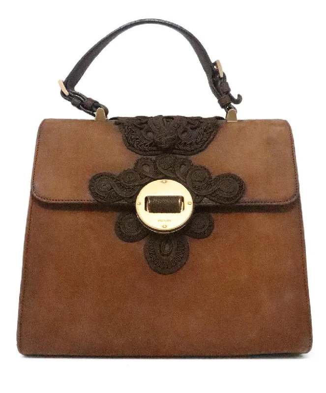 Prada Brown Suede Embroidered Satchel