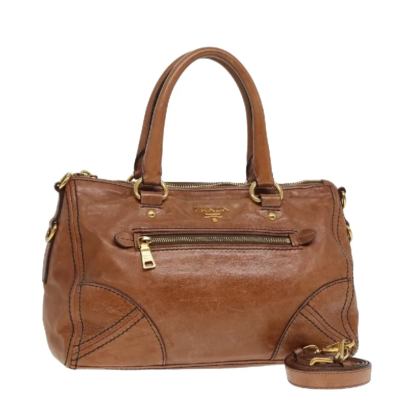 PRADA Hand Bag Leather 2way Brown Auth ki4587