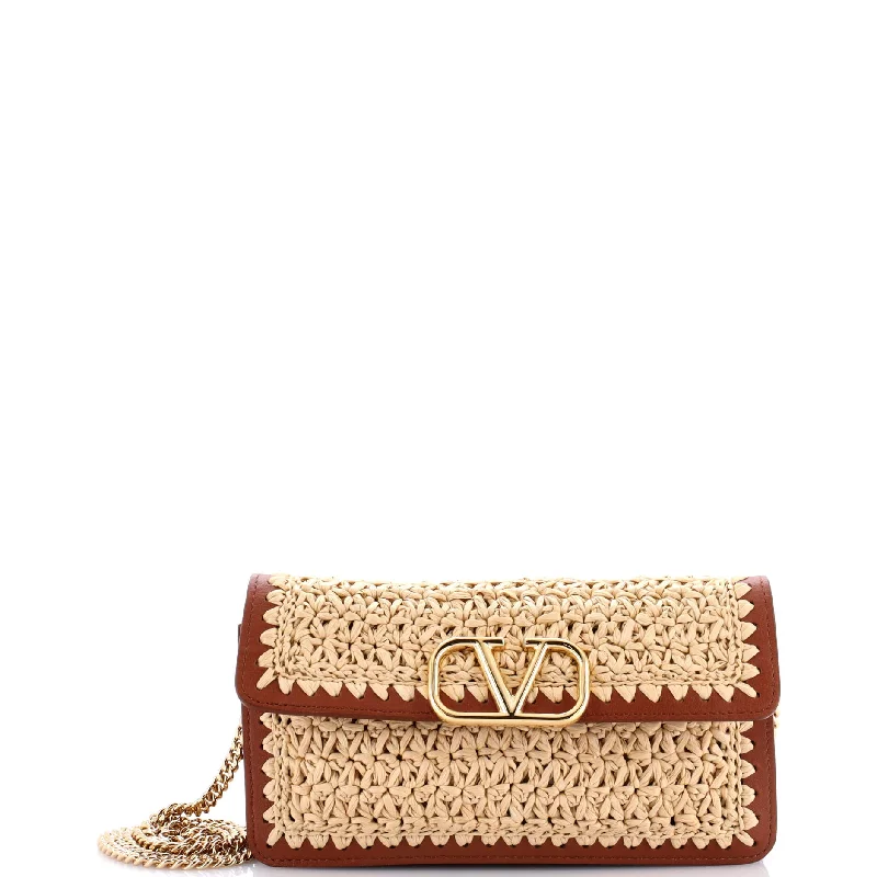 VLogo Signature Wallet on Chain Crochet Raffia with Leather Long