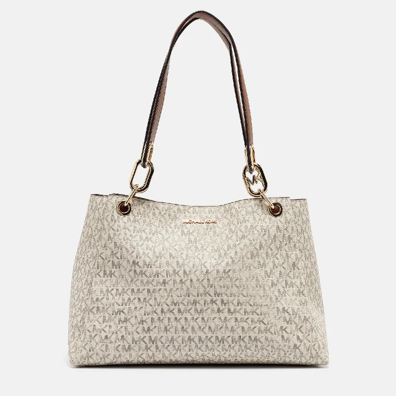 White/Brown Signature Coated Canvas and Leather Trisha Tote