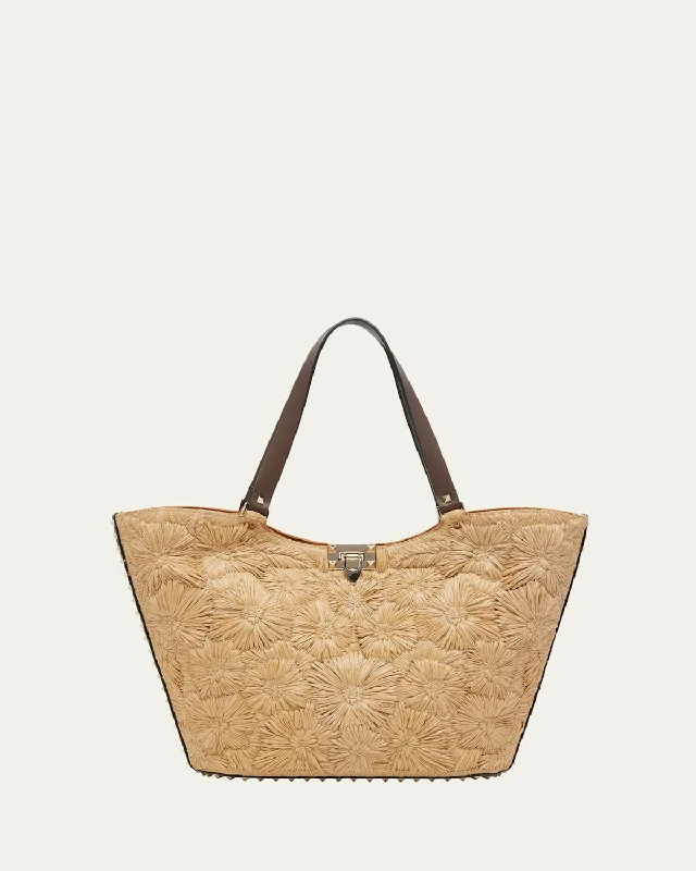 Garden Flower Rockstud Straw Tote Bag