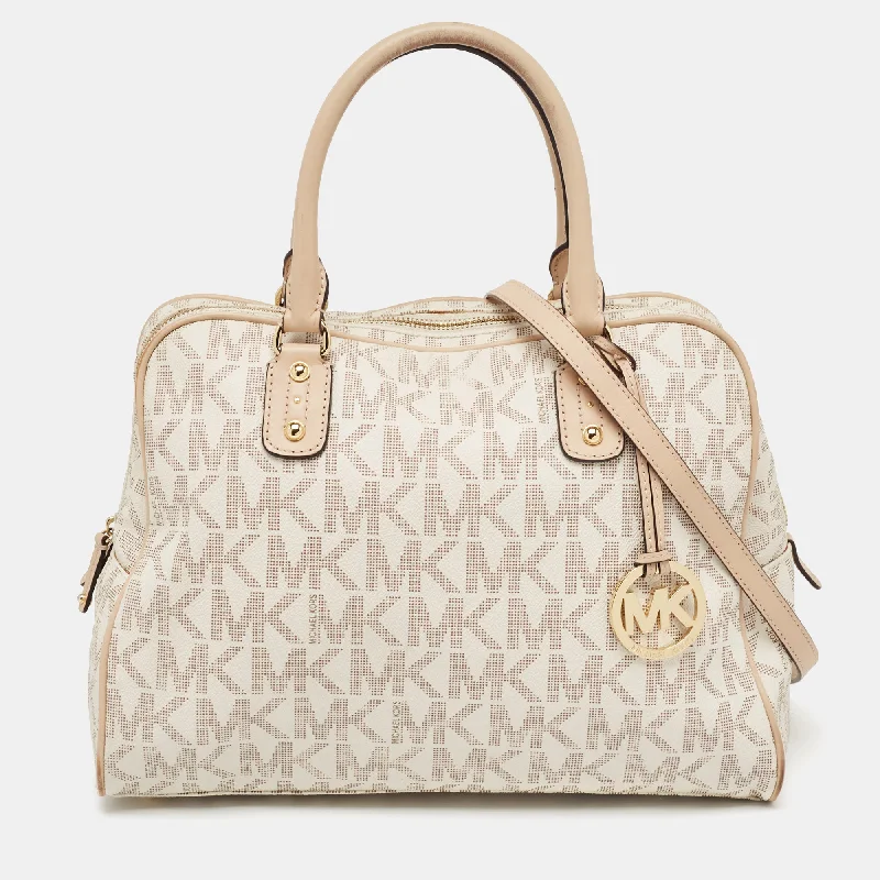 Beige/White Signature Coated Canvas and Leather Charm Satchel