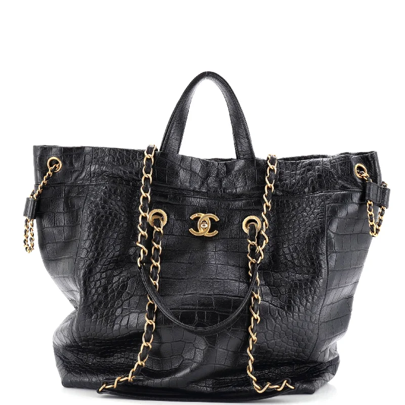 Paris-New York Drawstring Chain Tote Crocodile Embossed Calfskin Large