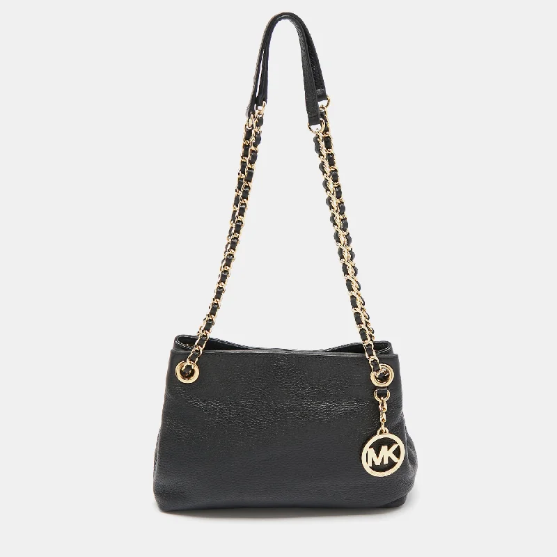 Black Pebbled Leather Chain Shoulder Bag