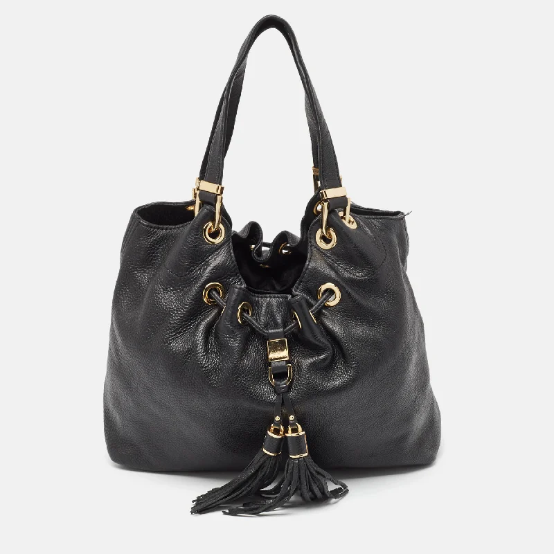 Black Leather Large Camden Drawstring Shoulder Bag