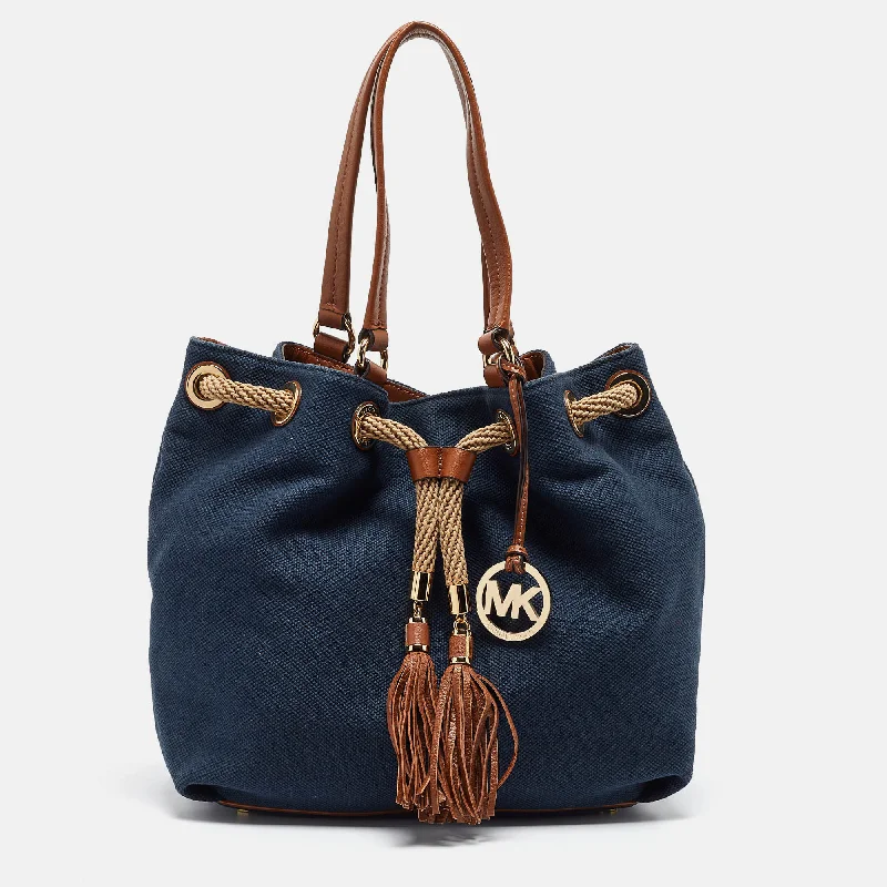 Navy Blue/Brown Canvas Marina Drawstring Tote