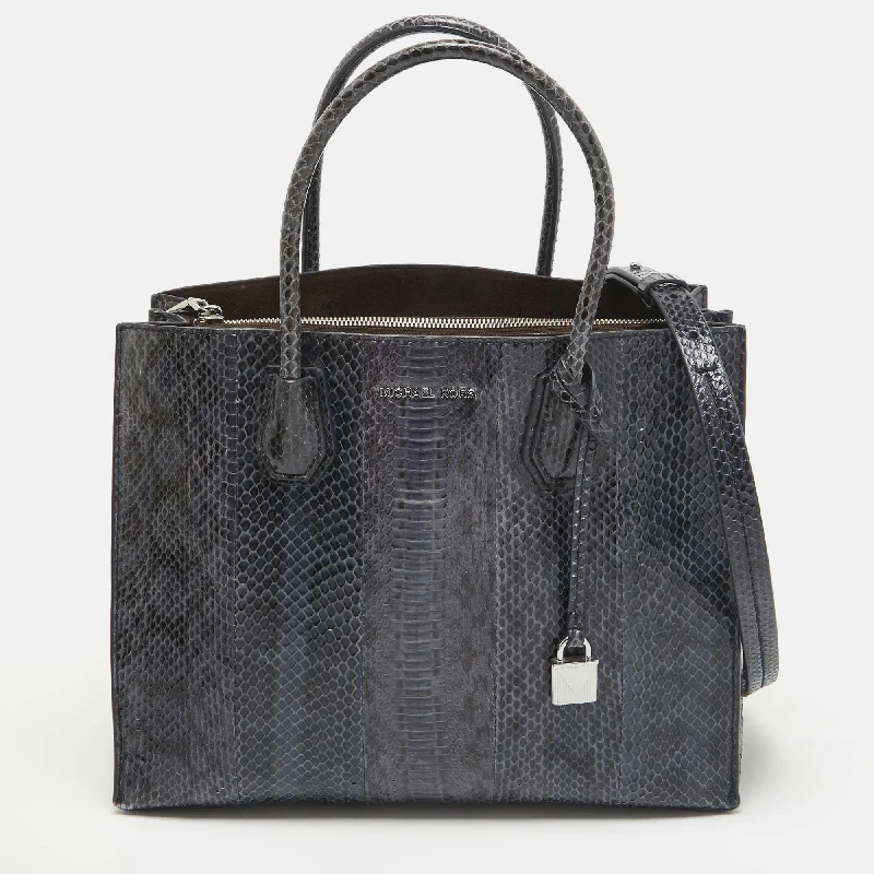 Navy Blue Watersnake Leather Large Mercer Tote