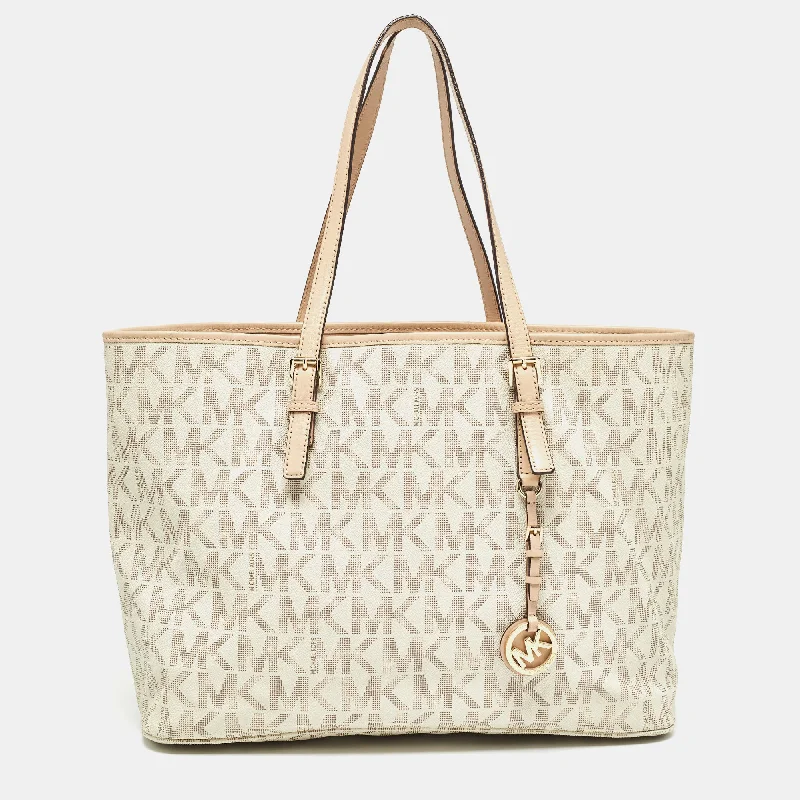 Beige/White Signature Coated Canvas and Leather Jet Set Tote