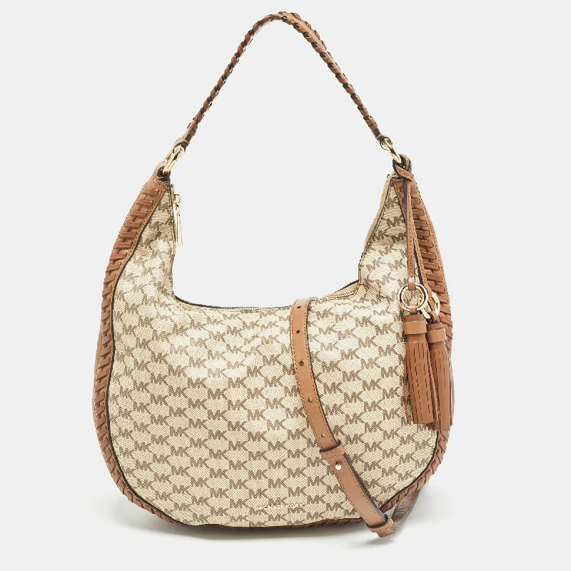 Beige/Brown Signature Coated Canvas and Leather Lauryn Hobo