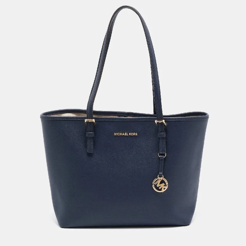 Navy Blue Leather Medium Jet Set Travel Tote