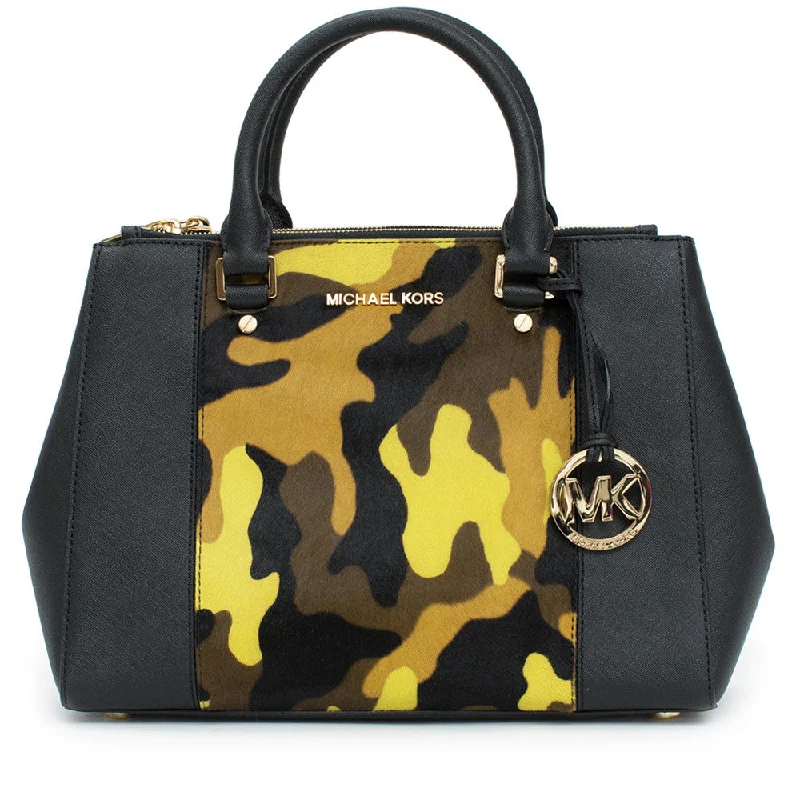 Michael Kors Sutton Haircalf Satchel Camo Acid Lemon Shoulder Handbag Purse New