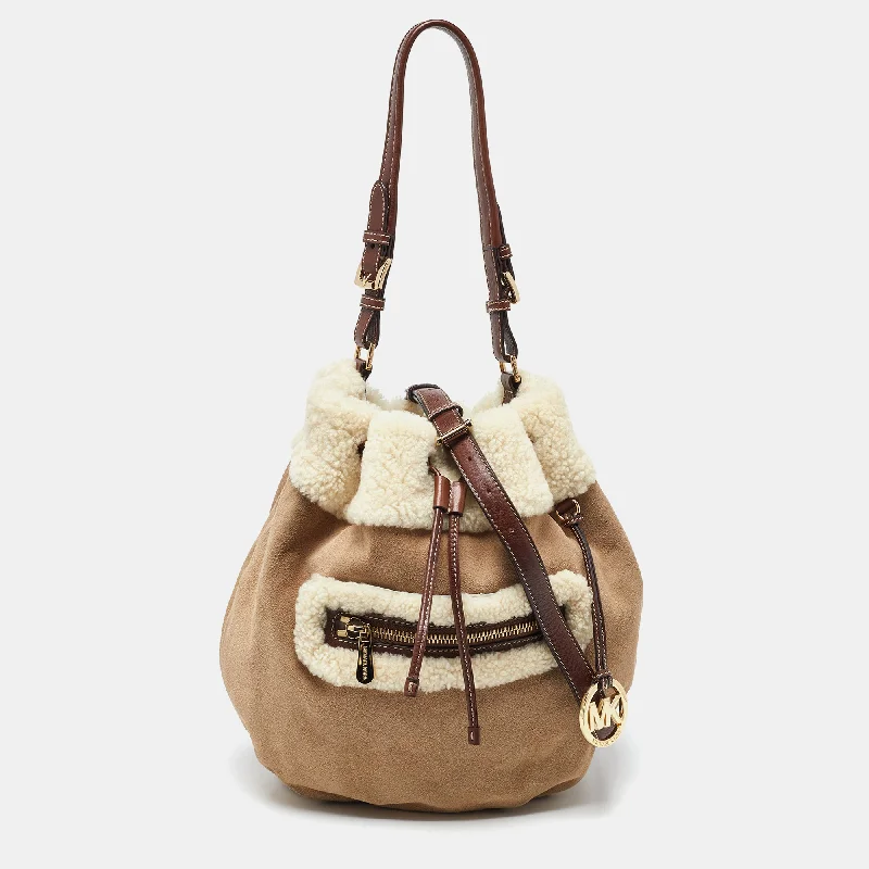 Beige/Brown Suede and Shearling Fur Bucket Bag