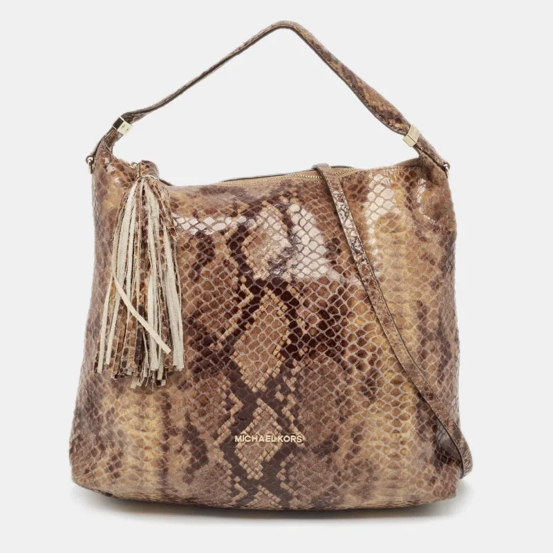 Michael Kors Brown/Black Python Embossed Patent Leather Tassel Hobo