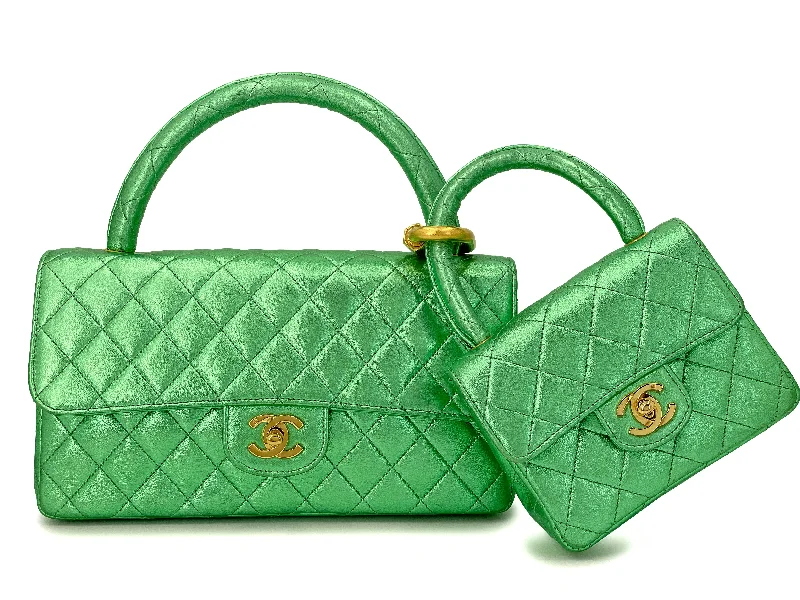 Chanel 1994 Vintage Parent Child Bag Kelly Flap Set Metallic Green 24k GHW RRJ