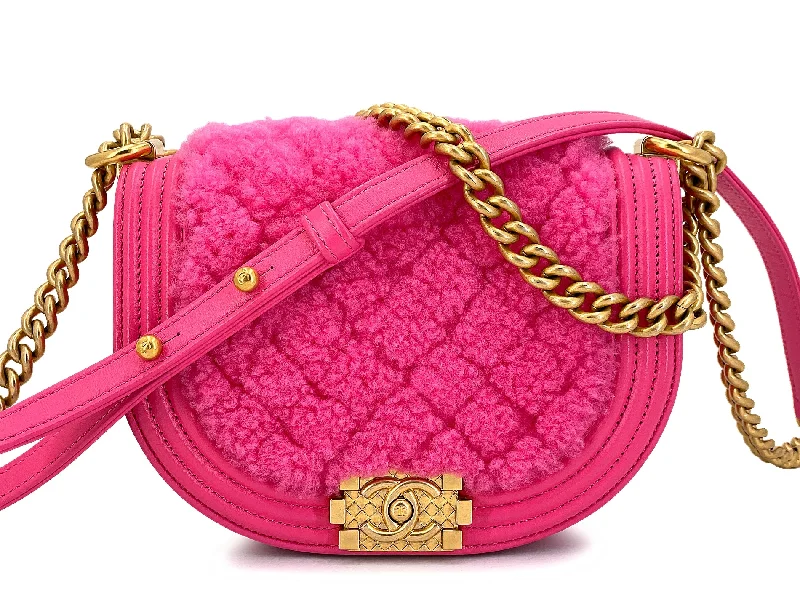 Chanel Fuchsia Pink Shearling Round Boy Flap Bag GHW EB1