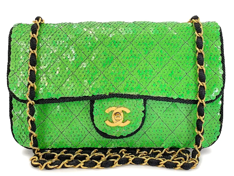 Chanel 1991 Vintage Iridescent Green Sequin Medium Flap Bag 24k GHW BL5