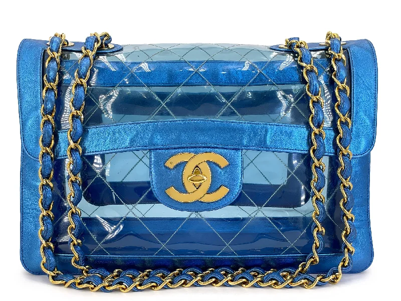 Chanel 95P Vintage "Barbie" Maxi Flap Metallic Blue Bag 24k GHW Classic PCI