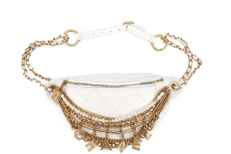 CHANEL ALL ABOUT CHAINS WAIST BAG (2817xxxx) WHITE QUILTED LAMBSKIN WITH GOLD CHAIN, WITH CARD, DUST COVER & BOX