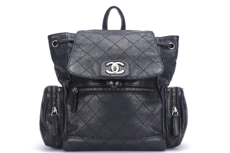 CHANEL BLACK CALFSKIN BACKPACK (2396XXXX), SILVER HARDWARE, WITH CARD, NO HOLOGRAM & DUST COVER