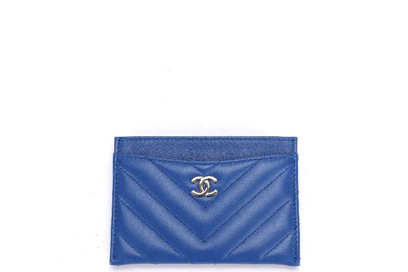 CHANEL BLUE CHEVRON LAMBSKIN CARD HOLDER (2716xxxx), GHW, WITH CARD, DUST COVER & BOX