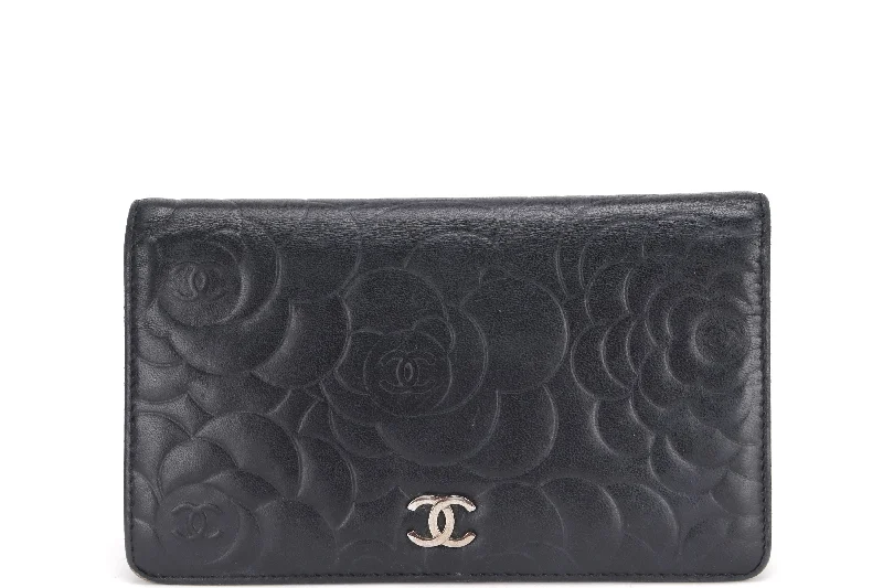 CHANEL CAMELLIA BLACK LAMBSKIN LEATHER LONG WALLET (1671xxxx) SILVER HARDWARE, WITH CARD & BOX