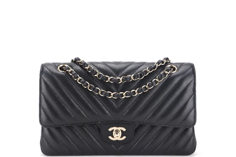 CHANEL CLASSIC DOUBLE FLAP CHEVRON (2467xxxx) MEDIUM BLACK LAMBSKIN WITH GOLD CHAIN, WITH CARD, DUST COVER & BOX