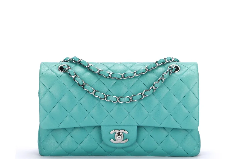 CHANEL CLASSIC DOUBLE FLAP (1641xxxx) MEDIUM GREEN LAMBSKIN LEATHER, SILVER CHAIN, WITH CARD, DUST COVER & BOX