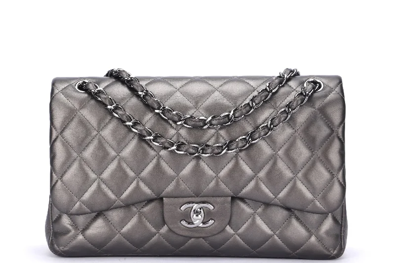 Chanel Classic Flap (1879xxxx) Jumbo Size, Metallic Grey Lambskin, Silver Hardware, with Dust Cover & Box, no Card