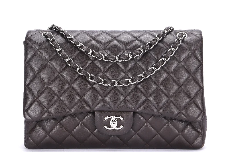 CHANEL CLASSIC FLAP MAXI SINGLE FLAP (1401xxxx) BROWN CAVIAR LEATHER, SILVER HARDWARE, WITH CARD, DUST COVER & BOX