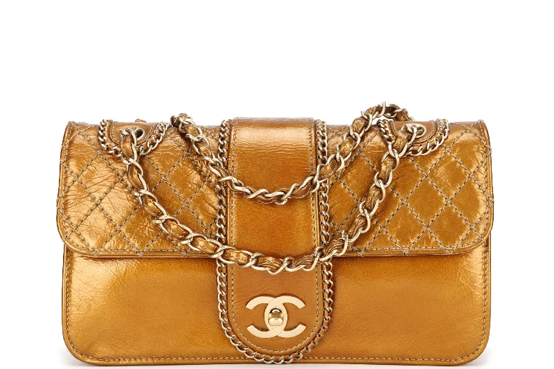 CHANEL MADISON FLAP BAG (1144xxxx) MEDIUM GOLD QUILTED PATENT LEATHER GOLD HARDWARE, NO CARD & DUST COVER