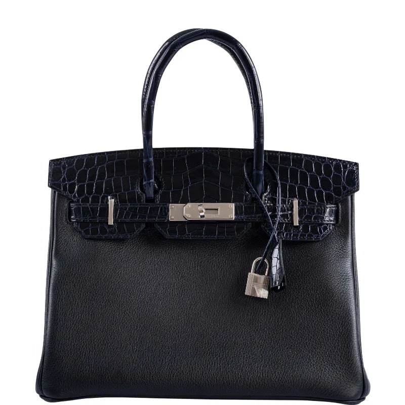 Hermès Touch Birkin 30 Shiny Bleu Marine Nilo Crocodile and Black Novillo Palladium Hardware