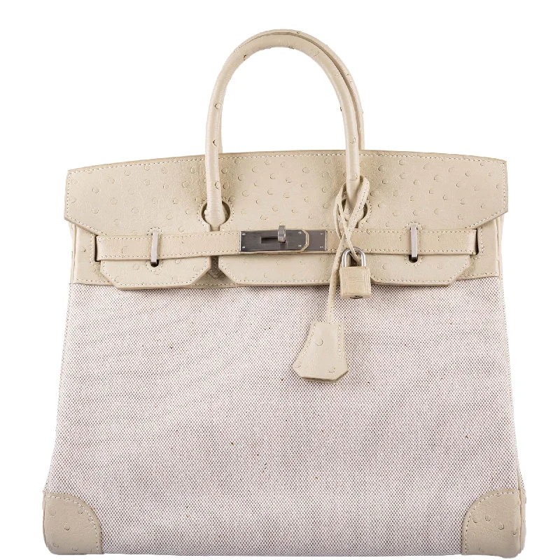 Hermès HAC Birkin 32 Parchemin Ostrich and Toile Brushed Palladium Hardware