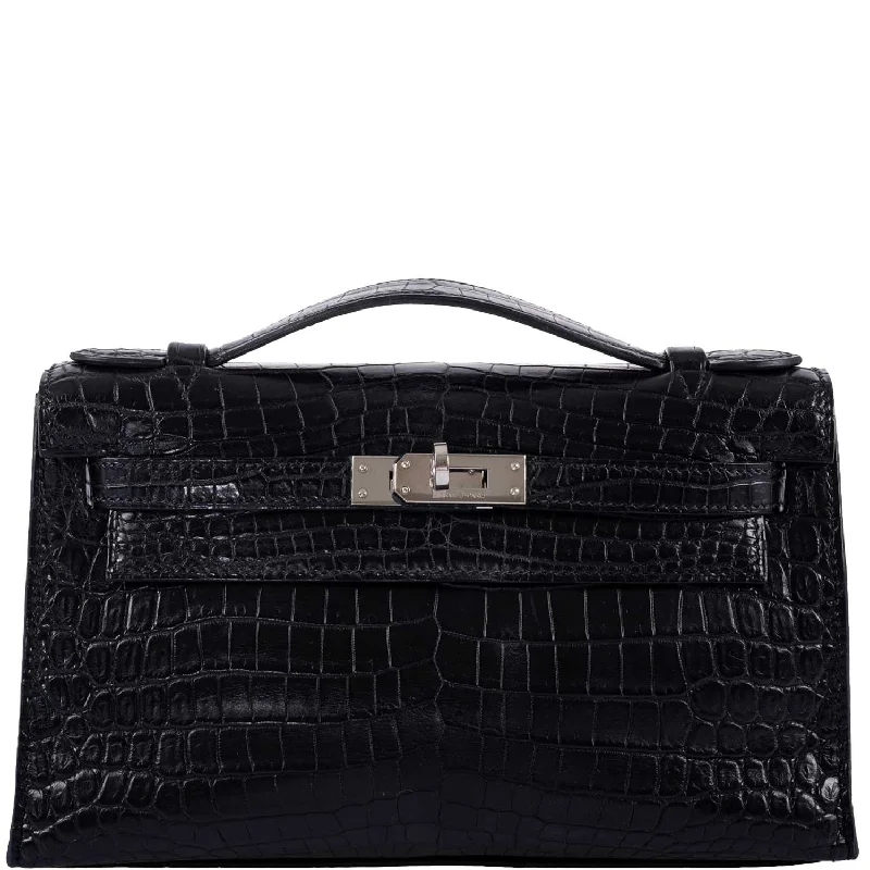 Hermès JPG Kelly Pochette Black Matte Niloticus Crocodile Palladium Hardware - Square L