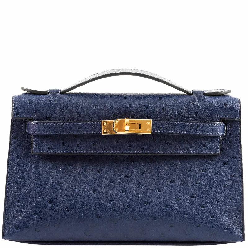 Hermès JPG Kelly Pochette Blue Iris Ostrich Gold Hardware