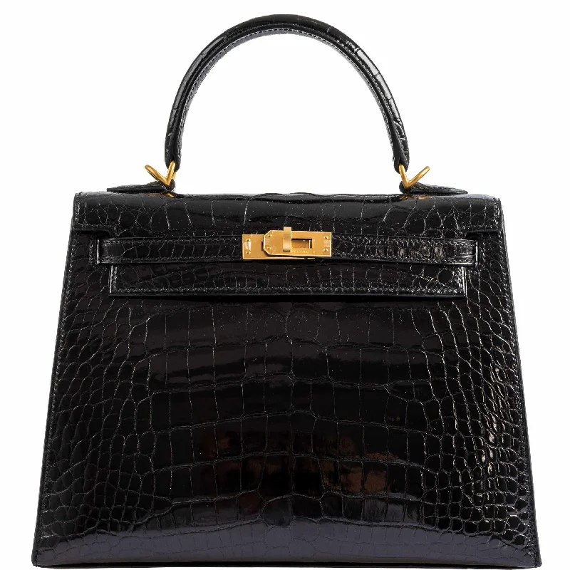 Hermès Kelly 25 HSS Sellier Black Shiny Alligator Brushed Gold Hardware - 2019, D