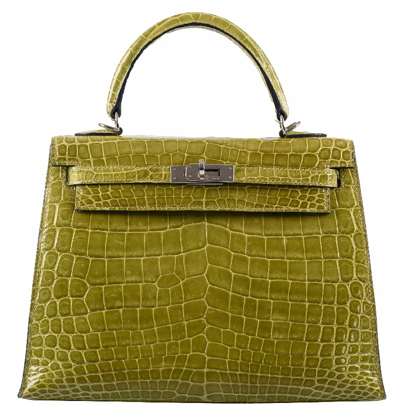 Hermès Kelly 25 Sellier Vert Anis Shiny Niloticus Crocodile Palladium Hardware - J