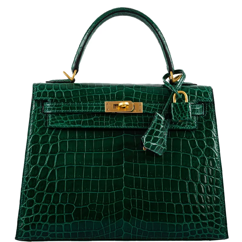 Hermès Kelly 25 HSS Sellier Emerald Nilo Crocodile & Cassis Brushed Gold Hardware