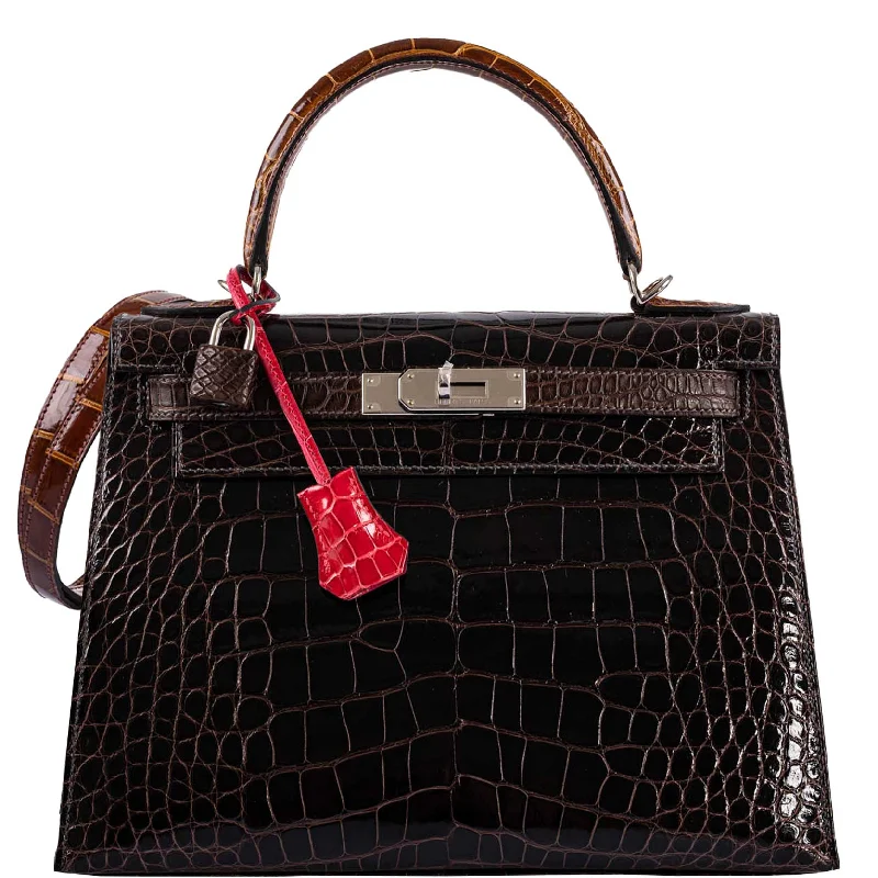 Hermès Kelly 28 Sellier Macassar, Ebene, Miel and Rose Extreme Alligator Palladium Hardware - 2021, Z