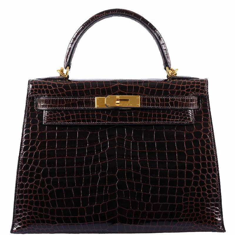 Hermès Kelly 28 Sellier Marron Fonce Shiny Porosus Crocodile Gold Hardware - 2008