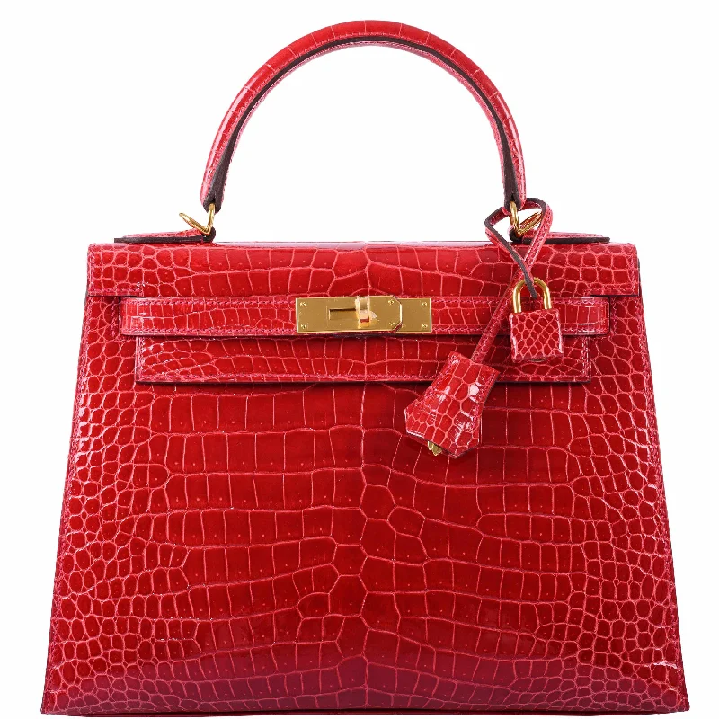 Hermès Kelly 28 Sellier Shiny Braise Porosus Crocodile Gold Hardware - 2020, Y