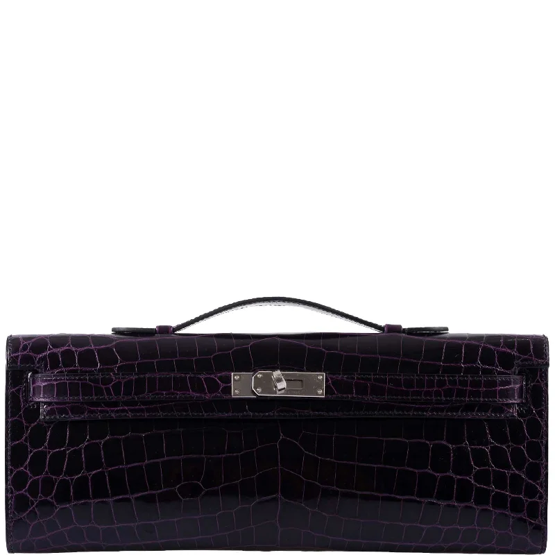 Hermès Kelly Cut Aubergine Shiny Niloticus Crocodile Palladium Hardware